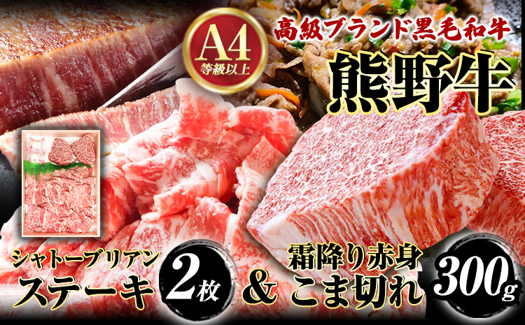 熊野牛A4以上 ヒレシャトーブリアンステーキ 200g(100g×2枚) & 霜降り赤身こま切れ300g  株式会社魚鶴商店《30日以内に出荷予定(土日祝除く)》 和歌山県 日高町 熊野牛 黒毛和牛 A4等級以上 霜降り 肩ロース
