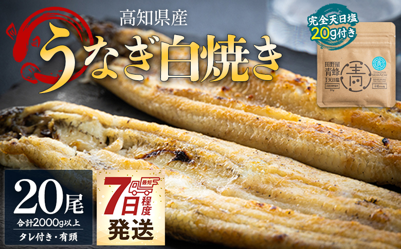【7日程度で発送】国産うなぎ 高知県産 白焼き 20尾(100〜110g×20尾) 合計2kg以上 田野町完全天日塩 20g付き スピード yw-0088