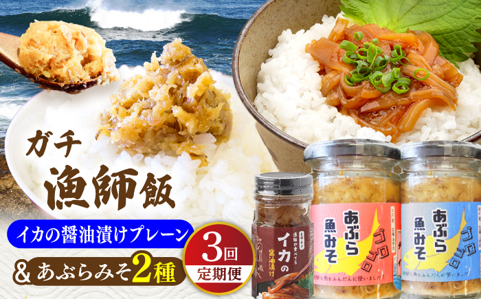 【全3回定期便】イカの醤油漬け(プレーン)＆あぶらみそ2種 計3種お届け！平戸市/康貴丸水産 [KAB313]